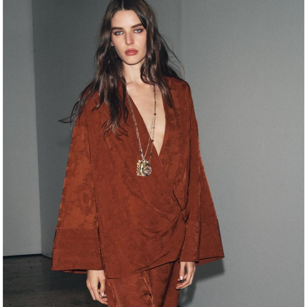 ZARA V-Neck Wrap Jacquard Kimono ZW Collection Russet 8614/027/670 Bell Sleeve